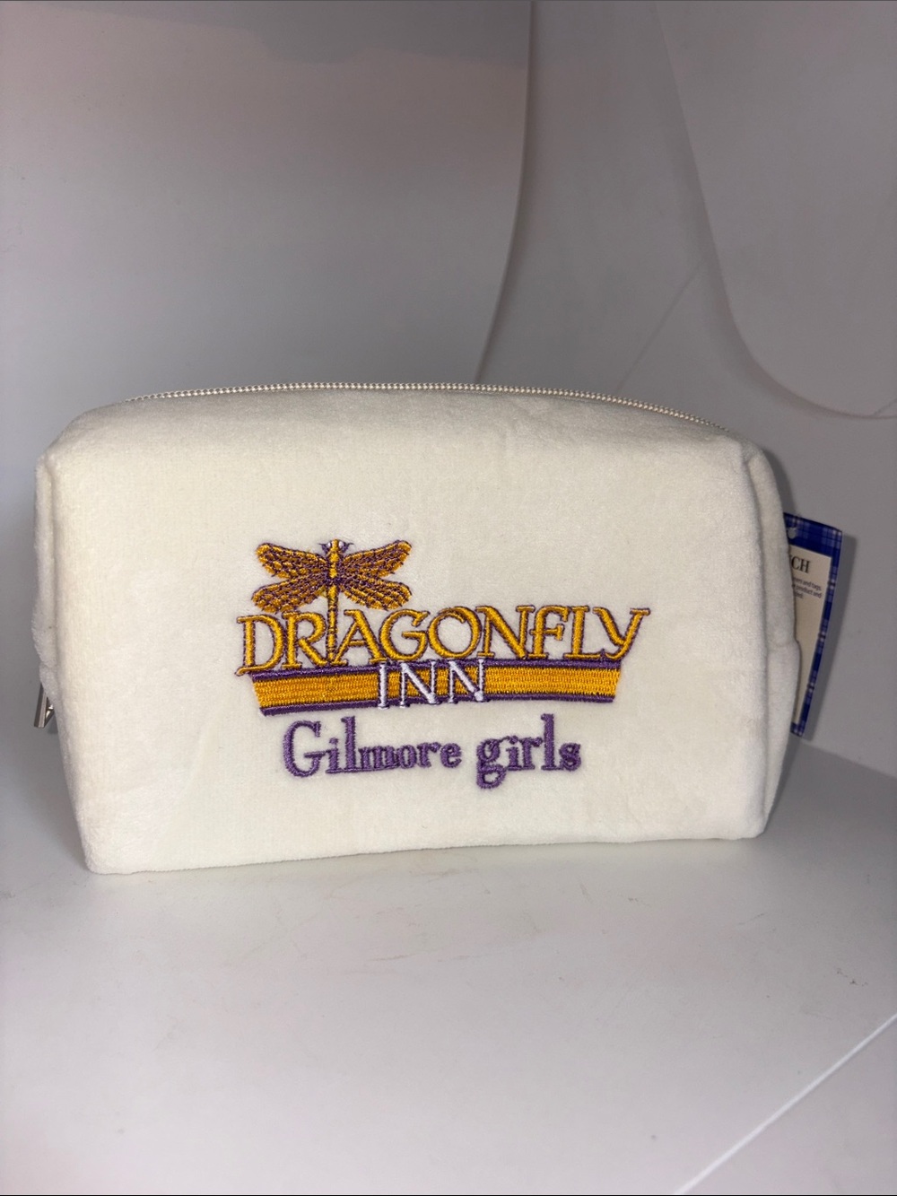 NWT Gilmore Girls Dragonfly Inn Embroidered Cream Plush Zip Makeup Bag Pouch